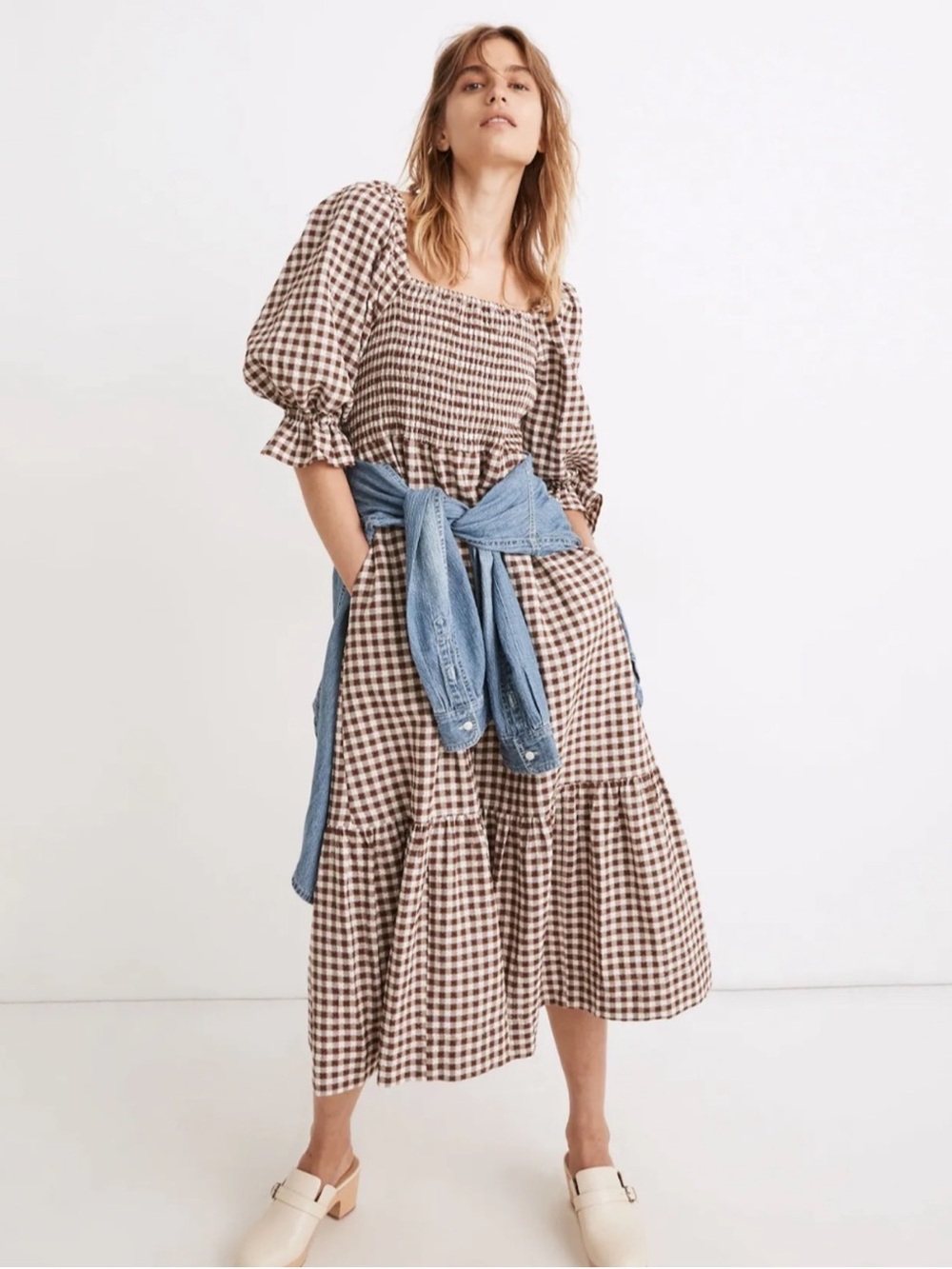 Madewell Brown and White Gingham Smocked Midi Dress Lucie Brown Gingham